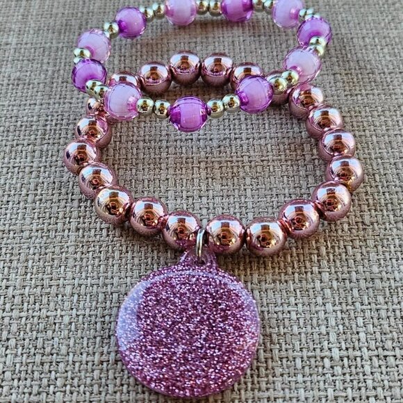 Girl Bracelet Set of 2 Purple and Gold Tone stretched Wrist Band Fashion Jewelry - Picture 10 of 11